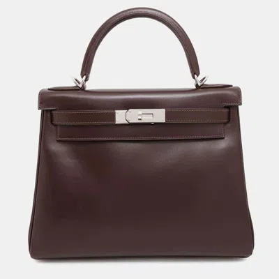Pre-owned Hermes Havane Box Calf Leather Kelly Retourne 28 Tote Bag