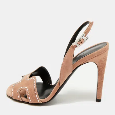 Pre-owned Hermes Hermès Heden Size 37.5 Beige Suede Ankle Strap Sandals
