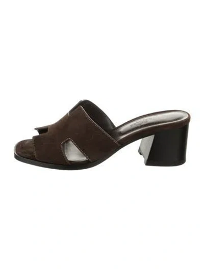 Pre-owned Hermes Helia 60 Leather Mules In Brown