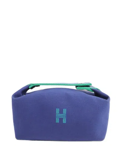 Pre-owned Hermes H-embroidered Canvas Clutch Bag In Blue