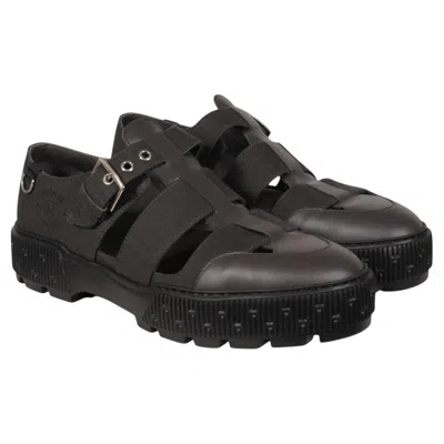 Pre-owned Hermes Hemres Men Item Sandals Size Us 12 It 45 Black Leather Canvas Buckle Strap