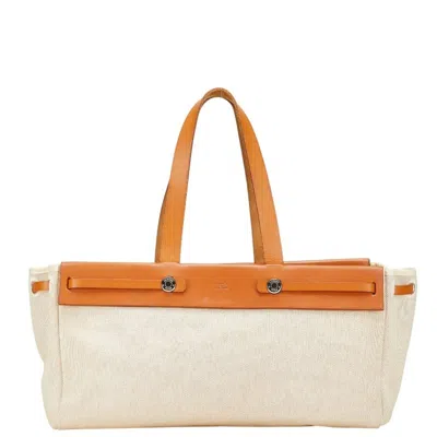 Pre-owned Hermes Her Bag Beige Brown Toile H Leather Handbag Tote Bag ()
