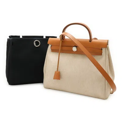 Pre-owned Hermes Her Bag Black Light Brown Natural Toile Officier Toile H Leather Backpack Handbag ()