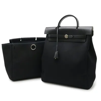 Pre-owned Hermes Her Bag Black Toile Officier Leather Backpack Handbag ()