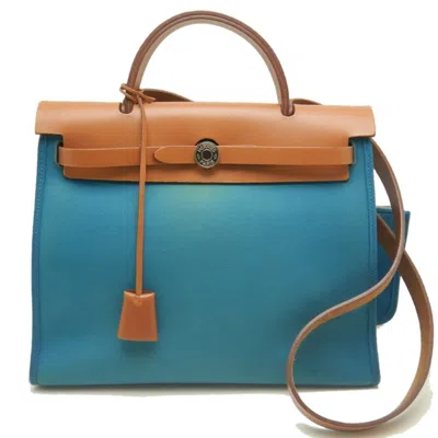 Pre-owned Hermes Her Bag Turquoise Blue Toile Officier Leather Handbag ()