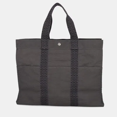 Pre-owned Hermes Her Line Tote Gm Gray Canvas Top Handle Bag In Grey