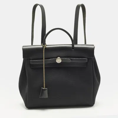 Pre-owned Hermes Herbag 2-in-1 Black Canvas And Vache Hunter Leather Backpack
