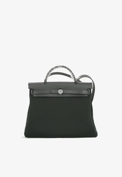 Hermes Herbag 31 In Ardoise Toile And Vert Cypres Vache Hunter Leather With Palladium Hardware In Gray