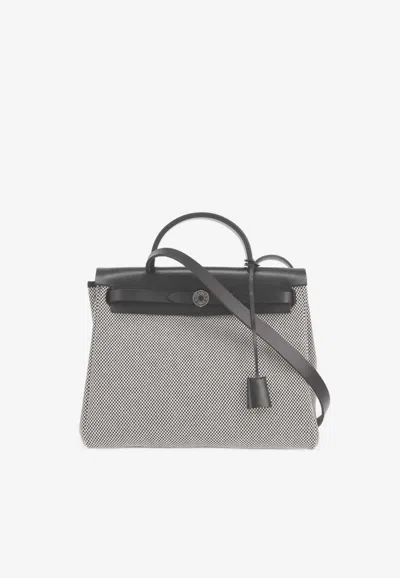 Hermes Herbag 31 In Ardoise Vache Hunter Leather And Ecru And Black Toile Canvas With Palladium Hardware In Gray