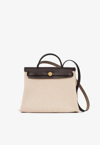 Hermes Herbag 31 In Beige Quadrille Toile And Ebene Hunter Leather With Gold Hardware In Neutral