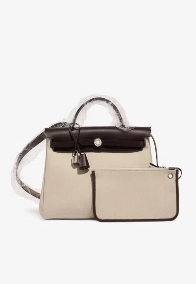 Pre-owned Hermes Herbag 31 In Beton Toile And Ebene Vache Hunter With Palladium Hardware In Multicolor