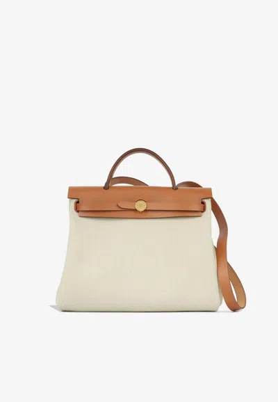 Pre-owned Hermes Herbag 31 In Beton Toile And Fauve Vache Hunter With Gold Hardware