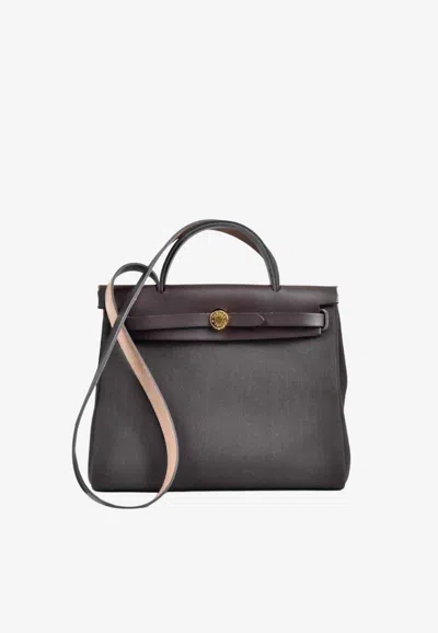 Hermes Herbag 31 In Ebene Toile And Vache Hunter Leather With Gold Hardware In Brown