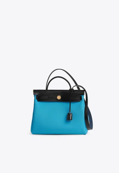 Hermes Herbag 31 In Gentiane Toile H And Black Vache Hunter With Gold Hardware In Blue