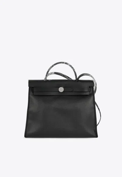 Pre-owned Hermes Herbag 31 In Noir Berline Toile And Vache Hunter With Palladium Hardware
