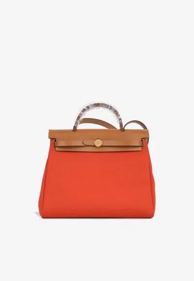 Pre-owned Hermes Herbag 31 In Orange Mecano, Cuivre Toile And Fauve Vache Hunter With Gold Hardware
