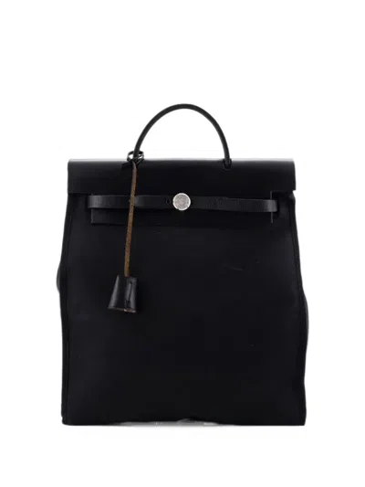 Pre-owned Hermes Herbag A Dos Zip Toile And Leather Backpack In Black