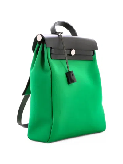 Pre-owned Hermes Herbag A Dos Zip Toile And Leather Backpack In Green