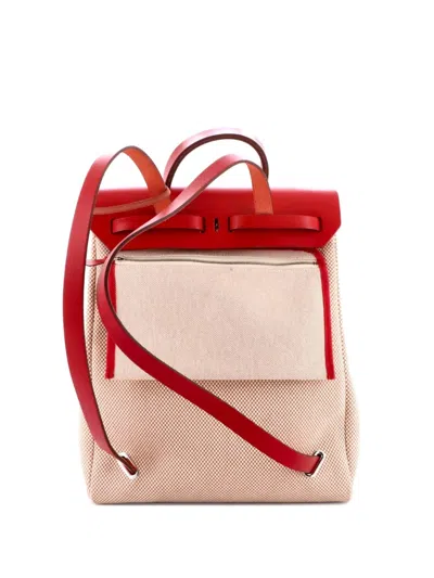 Pre-owned Hermes Herbag A Dos Zip Toile And Leather Backpack In Neutral