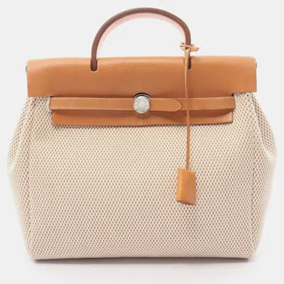 Pre-owned Hermes Herbag Bag Ad Pm Backpack Rucksack Toile Ash Leather Ivory Light Brown Silver Hardware H Stamp In Beige