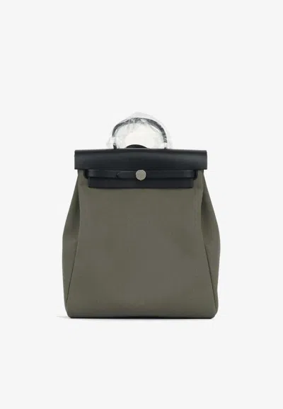 Hermes Herbag Sac A Dos In Vert De Gris Toile And Black Hunter Leather With Palladium Hardware In Green