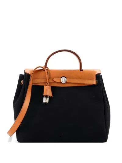 Pre-owned Hermes Herbag Toile And Leather Pm Satchel In Black