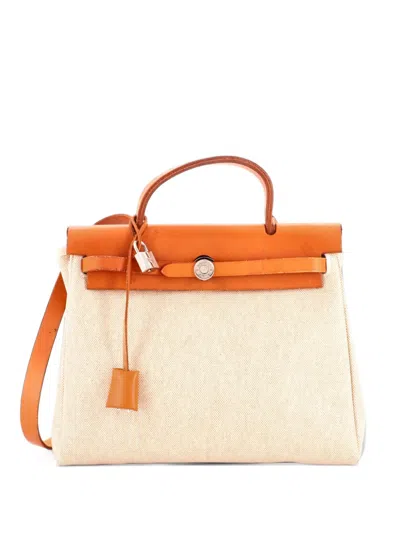 Pre-owned Hermes Herbag Toile And Leather Pm Satchel In Brown
