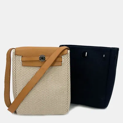 Pre-owned Hermes Herbag Tpm Mini Black And Beige Sangles Canvas