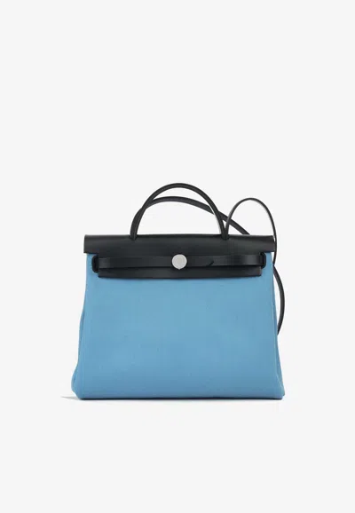 Pre-owned Hermes Herbag Zip 31 In Blue Jean Toile And Black Vache Hunter With Palladium Hardware In Bleu Jean