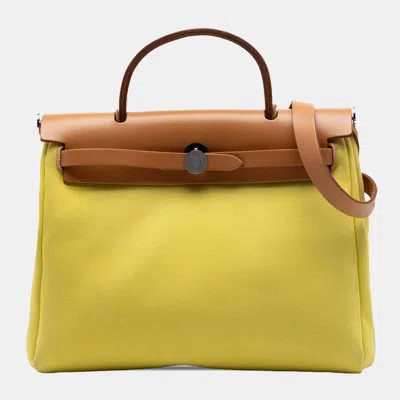 Pre-owned Hermes Herbag Zip 31 Lime Yellow Toile Canvas Vache Hunter Leather Top Handle Bag