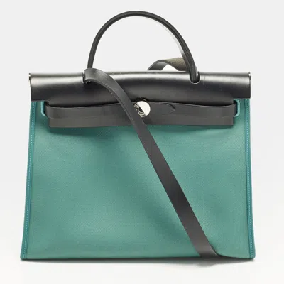 Pre-owned Hermes Hermès Herbag Zip 31 Malachite/noir Militaire Toile And Vache Hunter Top Handle Bag In Green