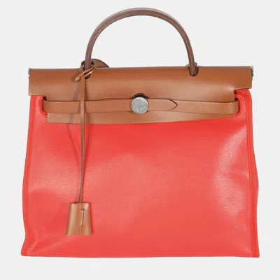 Pre-owned Hermes Herbag Zip 31 Pm Capucine Fauve Toile H Berline Vache Hunter Bag In Orange