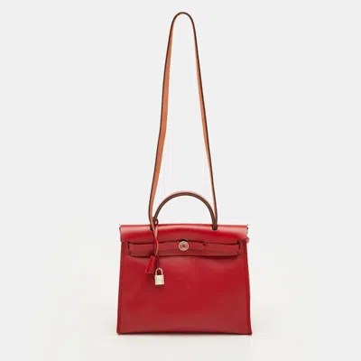 Pre-owned Hermes Herbag Zip 31 Rogue Piment/ecru Canvas And Vache Hunter Tote In Red