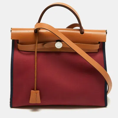 Pre-owned Hermes Herbag Zip 31 Ruby/bleu De Malte/naturel Canvas And Leather Top Handle Bag In Red