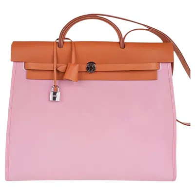 Pre-owned Hermes Herbag Zip 39 Gm Rose Sakura Canvas Vache Hunter Palladium Hardware In Red