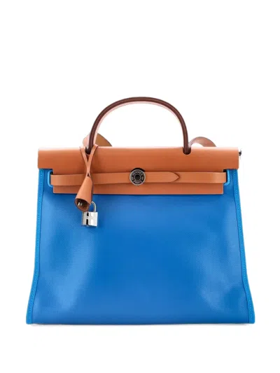 Pre-owned Hermes Herbag Zip Berline Vache Canvas And Leather 31 Shoulder Bag In Blue