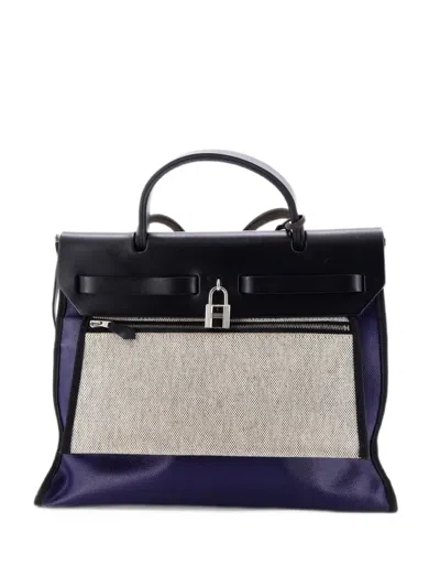 Pre-owned Hermes Herbag Zip Berline Vache Canvas And Leather 31 Shoulder Bag In Blue