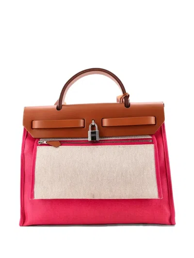 Pre-owned Hermes Herbag Zip Berline Vache Canvas And Leather 31 Shoulder Bag In Pink