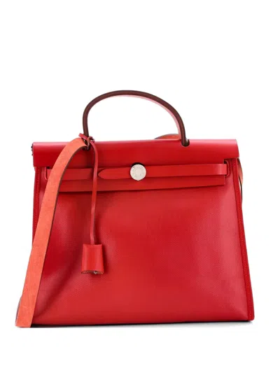 Pre-owned Hermes Herbag Zip Berline Vache Canvas And Leather 31 Shoulder Bag In Red