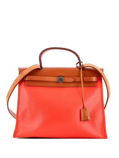 Pre-owned Hermes Herbag Zip Berline Vache Canvas And Leather 31 Shoulder Bag In Red