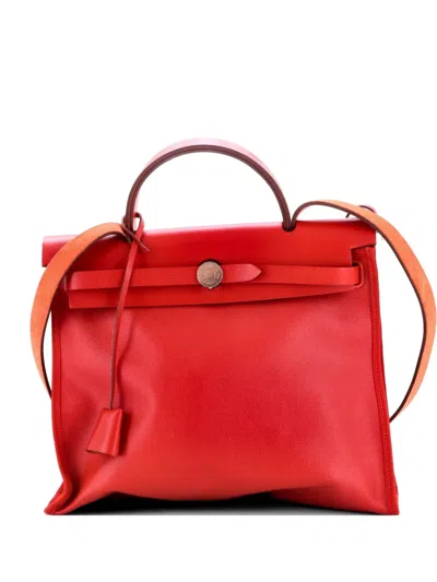Pre-owned Hermes Herbag Zip Berline Vache Canvas And Leather 31 Shoulder Bag In Red