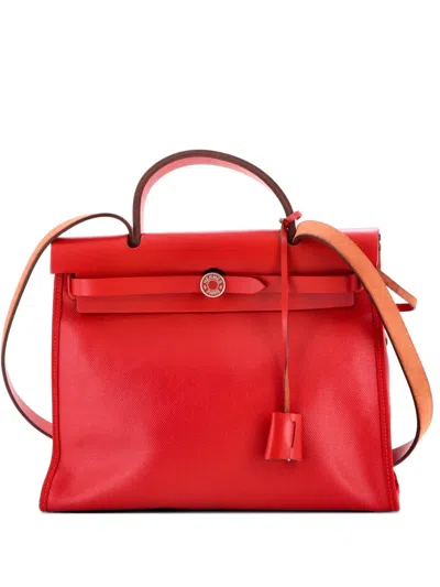Pre-owned Hermes Herbag Zip Berline Vache Canvas And Leather 31 Shoulder Bag In Red