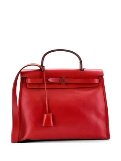 Pre-owned Hermes Herbag Zip Berline Vache Canvas And Leather 31 Shoulder Bag In Red