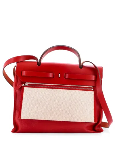 Pre-owned Hermes Herbag Zip Berline Vache Canvas And Leather 31 Shoulder Bag In Red