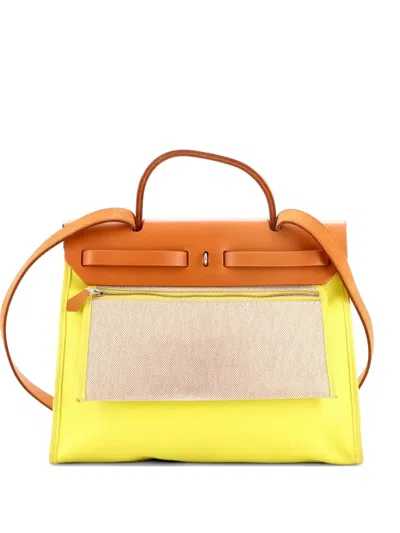 Pre-owned Hermes Herbag Zip Berline Vache Canvas And Leather 31 Shoulder Bag In Yellow