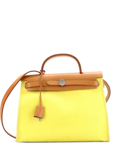 Pre-owned Hermes Herbag Zip Berline Vache Canvas And Leather 31 Shoulder Bag In Yellow