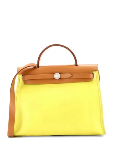 Pre-owned Hermes Herbag Zip Berline Vache Canvas And Leather 31 Shoulder Bag In Yellow