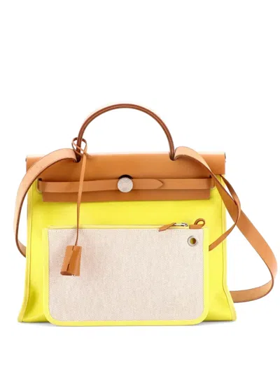 Pre-owned Hermes Herbag Zip Berline Vache Canvas And Leather 31 Shoulder Bag In Yellow