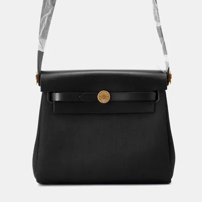 Pre-owned Hermes Herbag Zip Black Toile Military Vache Hunter Leather Size Mini