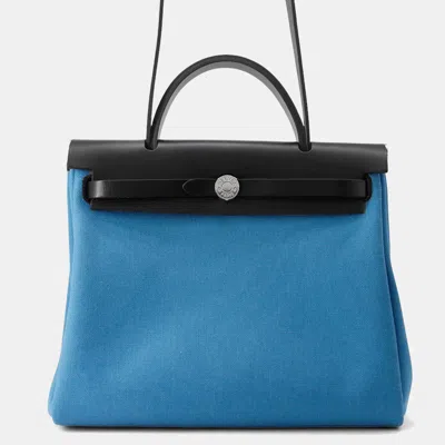 Pre-owned Hermes Herbag Zip Black/blue Toile Military Vache Hunter Leather Size Pm